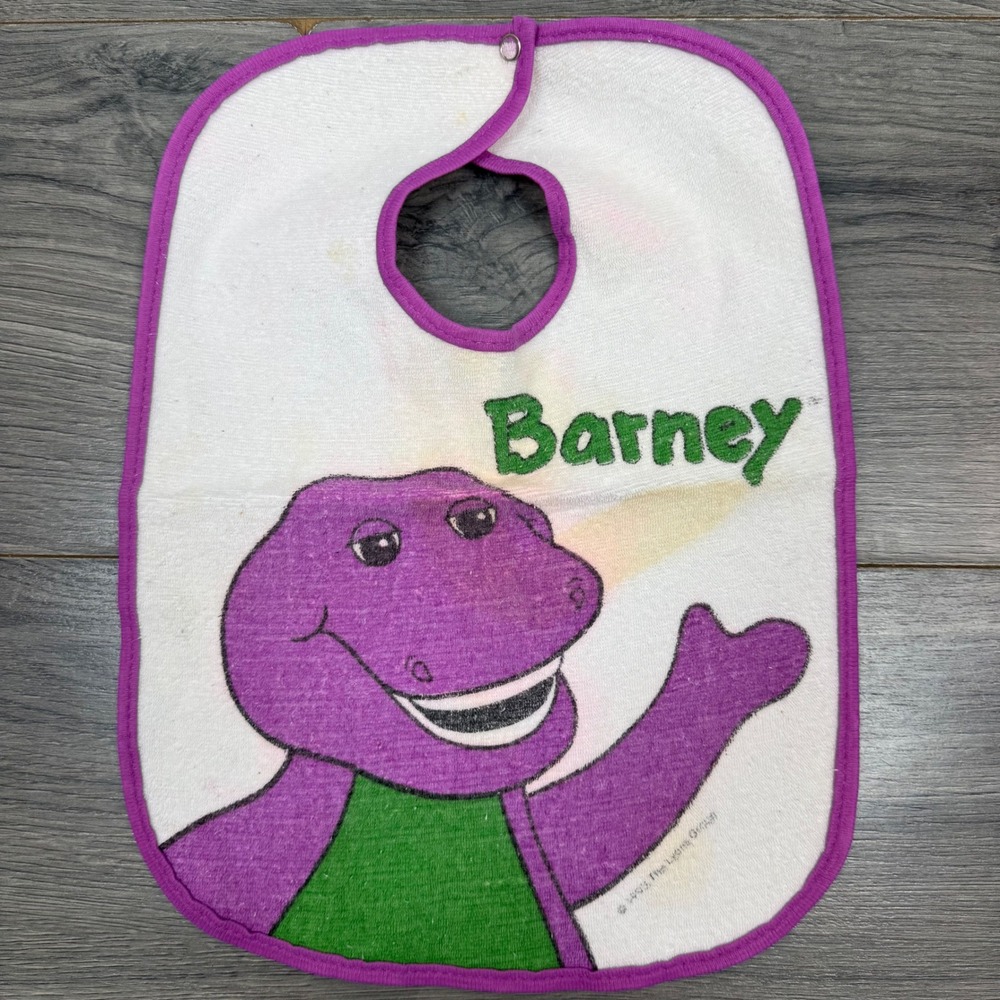 Vintage 1993 Barney the Dinosaur Baby Bib White Purple Waterproof Snap Lyons 90s